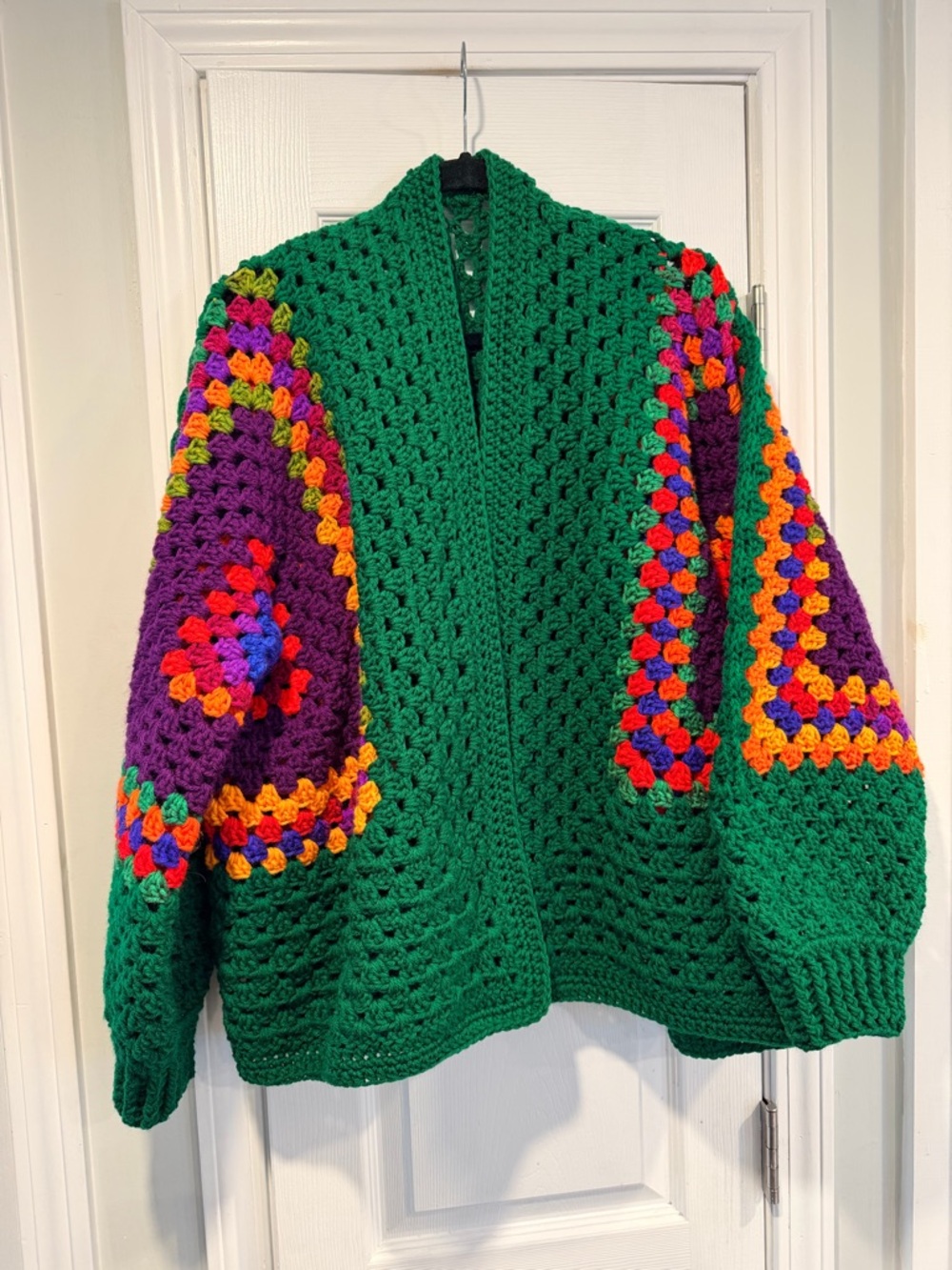 Handmade Crochet Granny Square One Size Cozy Cardigan Boho Chunky Knit Sweater - Picture 1 of 10